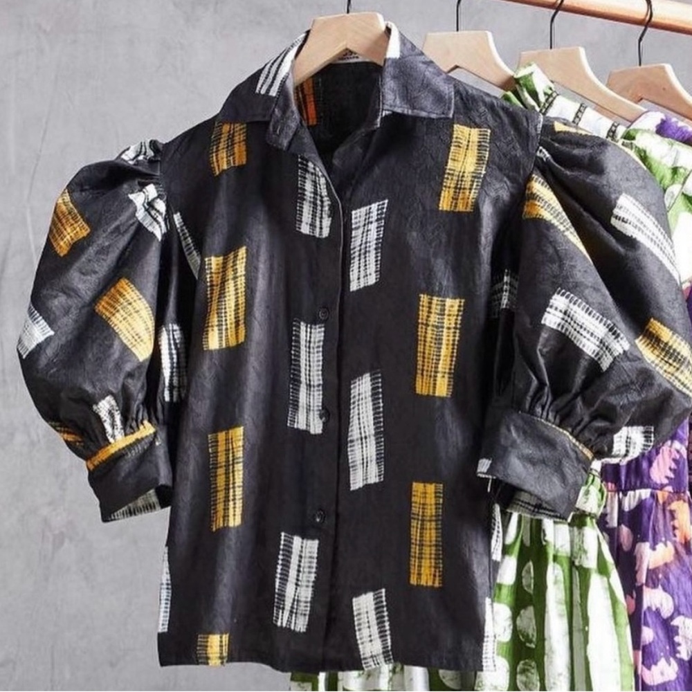 Busayo Tunji Statement Puff Sleeve Button Front Abstract Top